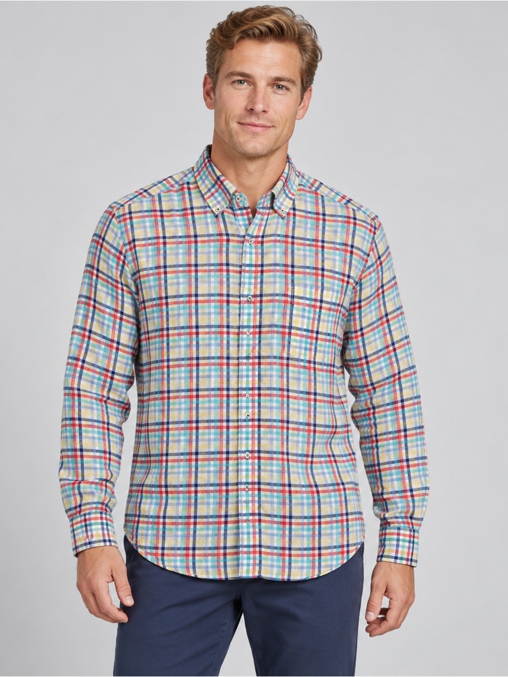 Cremieux Classics 100% Linen Multicolour Plaid Button-Down Shirt L